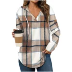Hooded Pullover V-neck Adjustable Drawstring Casual Plaid Long Sleeve - Khaki