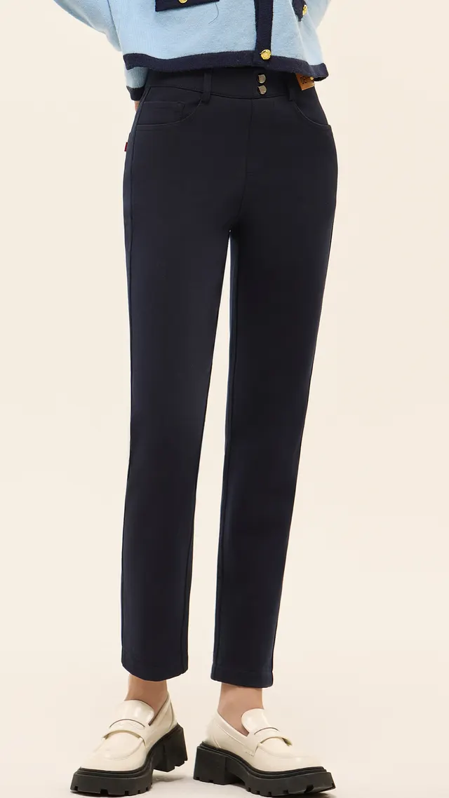 Denim Woollen Trousers Warm Thickened Inner Urban Style Cigarette Pants Denim Blue - Shop at LoveMi