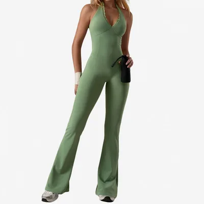 Lace Neckline Yoga Clothes Trousers Running Sports Neck hanging Jumpsuit Green - Shop at LoveMi