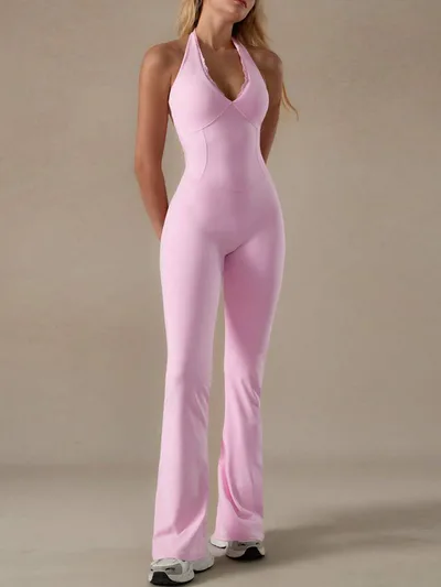 Lace Neckline Yoga Clothes Trousers Running Sports Neck hanging Jumpsuit Peach Pink - Shop at LoveMi