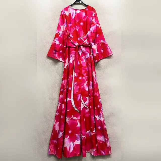 Bell Sleeve V neck Long Pullover Printed A Line Skirt Dress Red - Shop at LoveMi