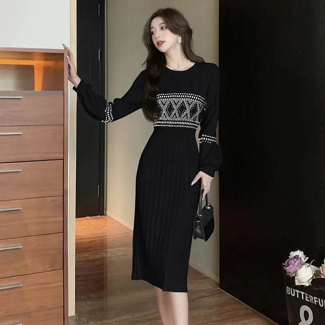 Waist Slimming Elegant Inner Match Base Sweater Dress Black - Shop at LoveMi