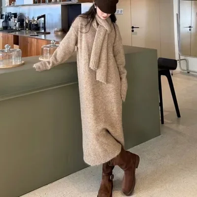 Over The Knee V neck Knitted Dress Sweater Women Camel - Shop at LoveMi