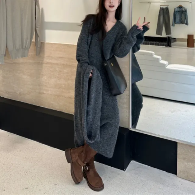 Over The Knee V neck Knitted Dress Sweater Women Dark Gray - Shop at LoveMi