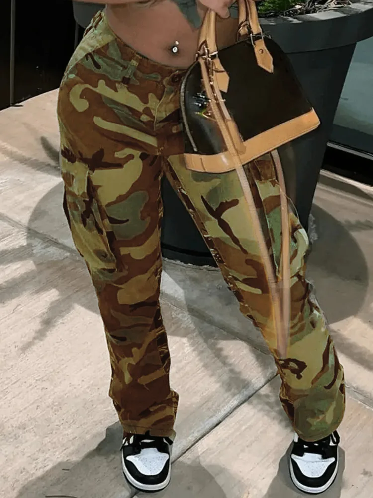Ins Style High Waist Straight Multicolor Camouflage Overalls Brown - Shop at LoveMi
