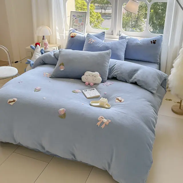 Cartoon Printing Winter Thickened Milk Fiber Bedding Suit Bow Blue - Shop at LoveMi