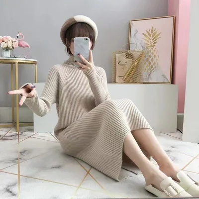 Mid length High Collar Sweater Dress Women's Thickened Autumn And Winter Loose Apricot - Shop at LoveMi