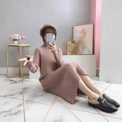 Mid length High Collar Sweater Dress Women's Thickened Autumn And Winter Loose Khaki - Shop at LoveMi