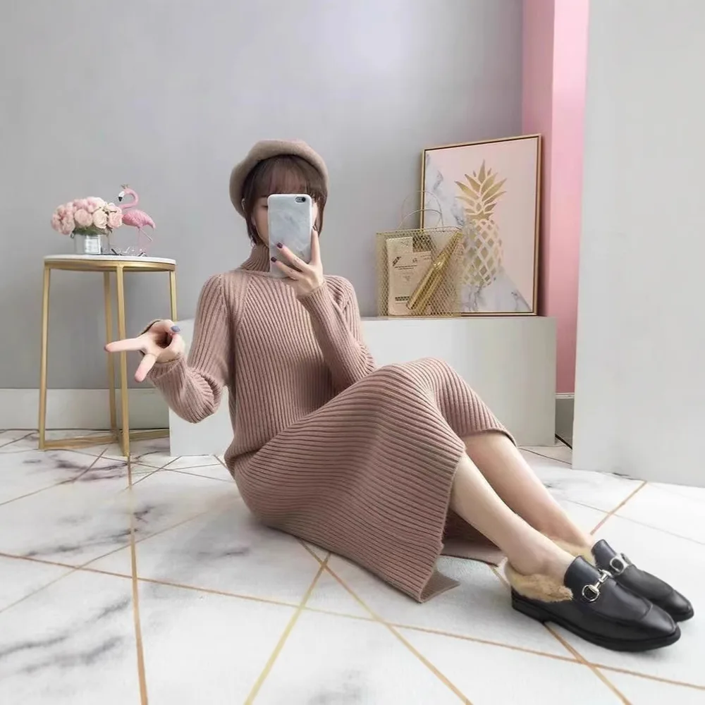 Mid-length High Collar Sweater Dress Women's Thickened Autumn And Winter Loose - Khaki