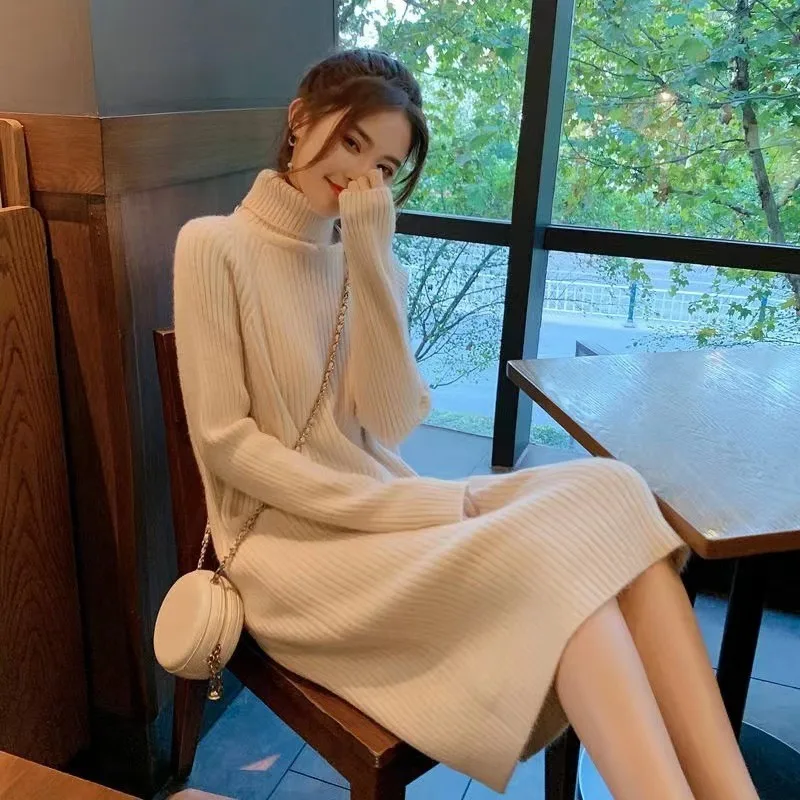 Mid-length High Collar Sweater Dress Women's Thickened Autumn And Winter Loose - White
