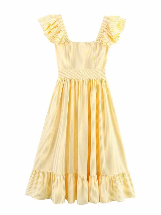 Women's Three color Single breasted Striped Ruffled Waist Dress Yellow - Shop at LoveMi