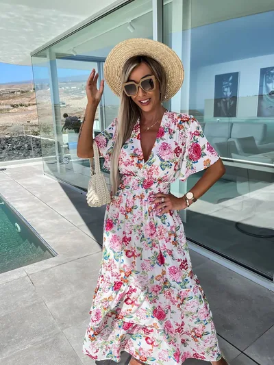 Summer Printed Short Sleeve Large Swing Skirt Dress White - Shop at LoveMi