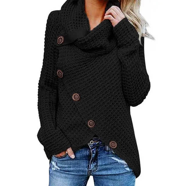 Pullover Button High Lapel Pullover Women's Sweater Black - Shop at LoveMi