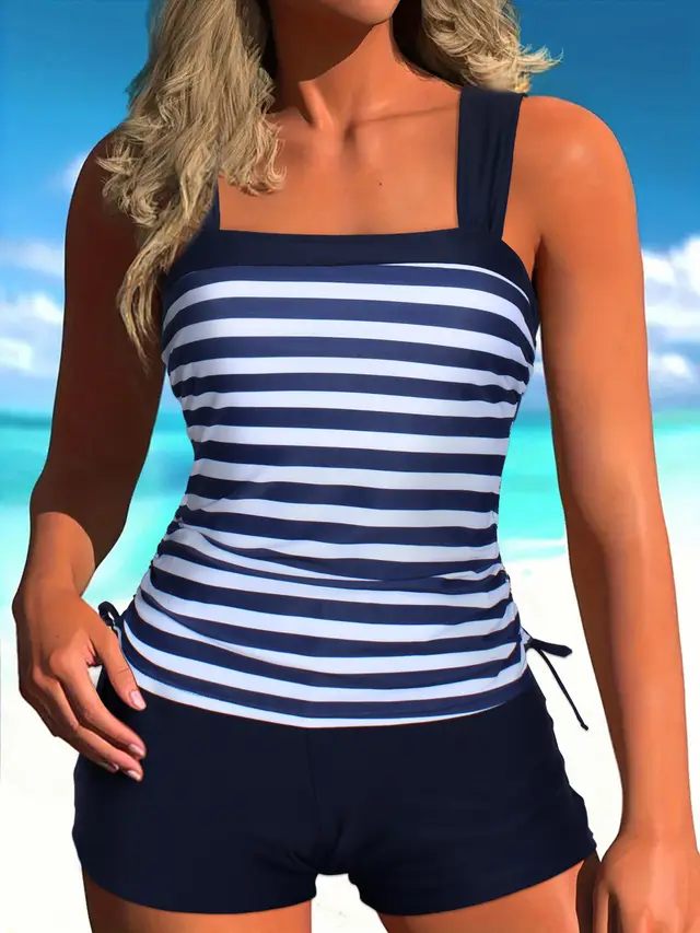 Plus Size Bikini Boxers Split Printed Swimwear Blue And White Stripes - Shop at LoveMi