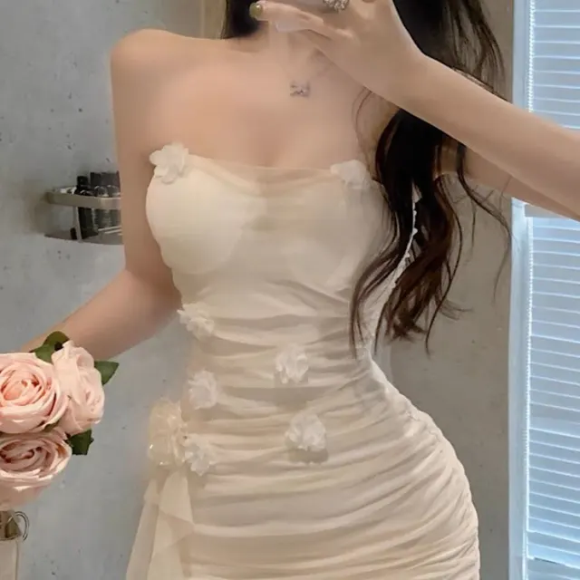 Flower Pure Desire Pleated Waist Tight Dress Apricot Beige - Shop at LoveMi