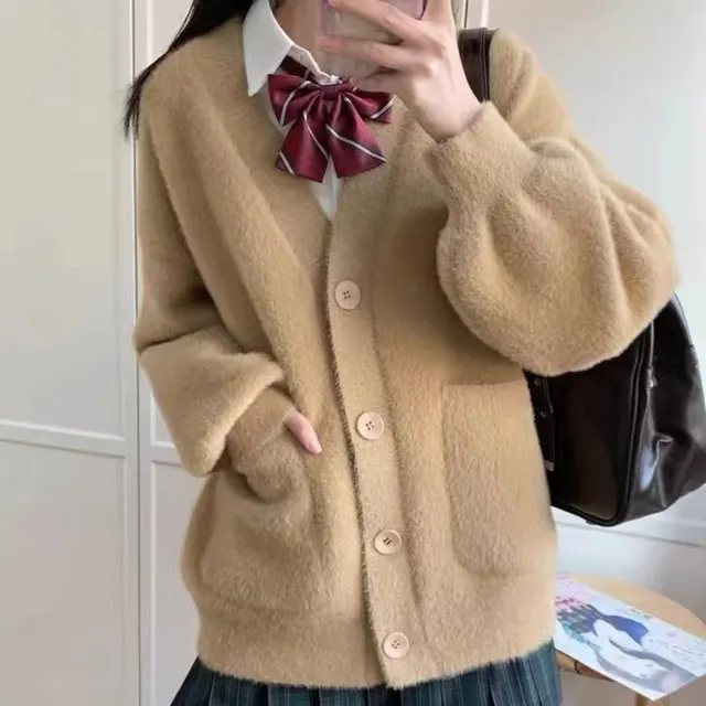 Women's Waterproof Mink Fur Knitted Cardigan Camel - Shop at LoveMi