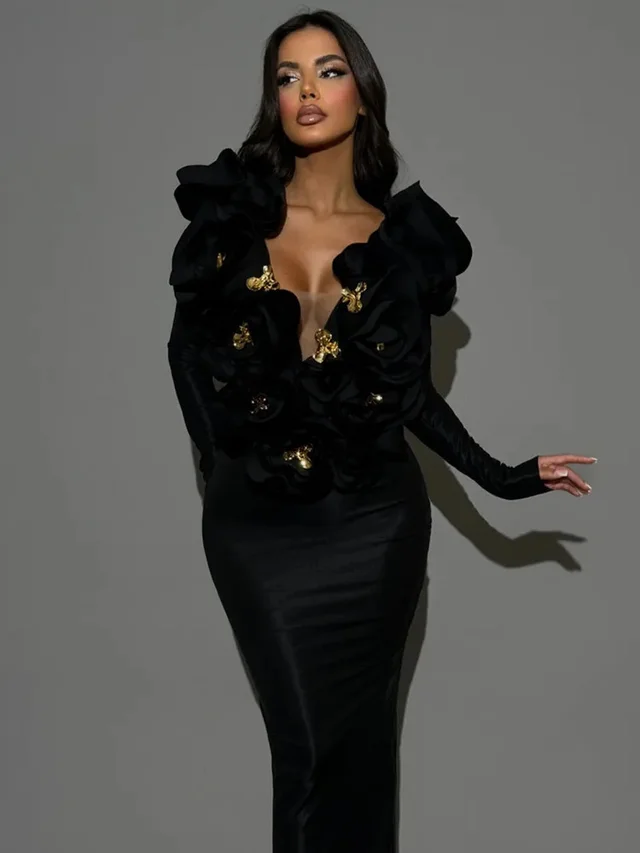 Women's Three dimensional Flower Sexy Dress Euros Black - Shop at LoveMi