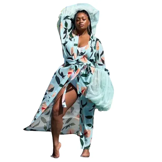 Holiday Sun Protection Shirt Beach Print Blouse Coat Light Green - Shop at LoveMi