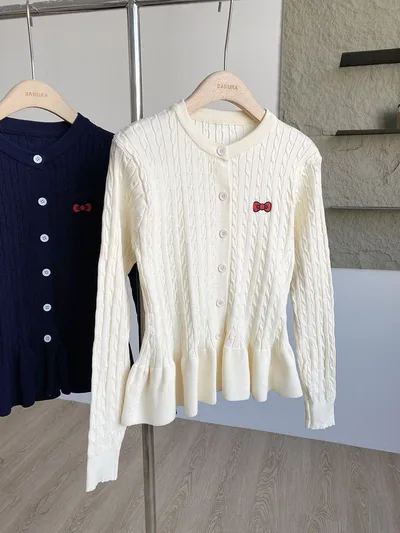 Women's Embroidered Bow Twist Knitted Cardigan Apricot - Shop at LoveMi