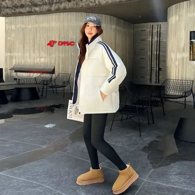 Women's Korean style Stand up Collar Thick Cotton padded Jacket White - Shop at LoveMi