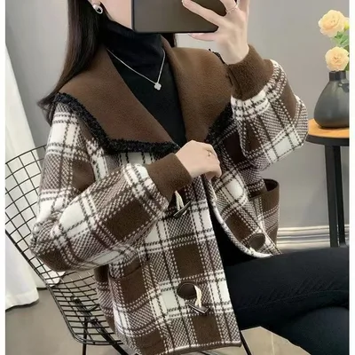 Autumn And Winter Imitation Double faced Woolen Goods Plaid Sweater Brown - Shop at LoveMi