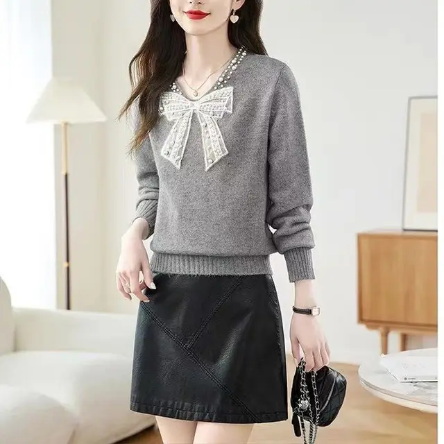 French Style Bow Pearl Collar Sweater Women's Top Gray - Shop at LoveMi