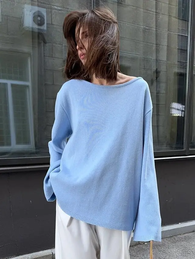 Loose And Idle Backless Knitted Sweater Sky Blue - Shop at LoveMi