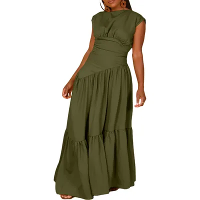 Solid Color Sleeveless Pleated Loose Big Hem Nylon Dress Army Green - Shop at LoveMi