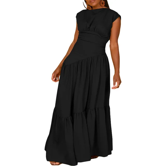 Solid Color Sleeveless Pleated Loose Big Hem Nylon Dress Black - Shop at LoveMi