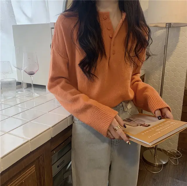 Base Pullover Versatile Long sleeved Knitted Top Orange Red - Shop at LoveMi