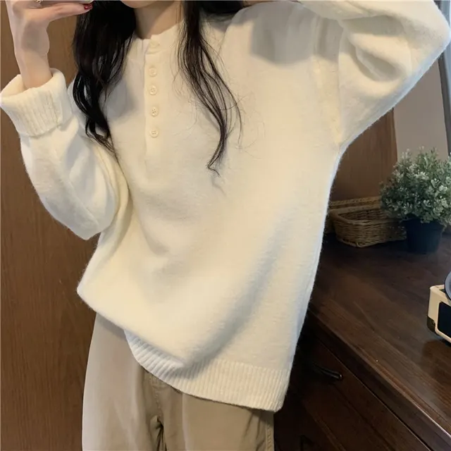 Base Pullover Versatile Long sleeved Knitted Top White - Shop at LoveMi