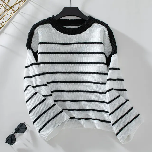 Women's Black And White Striped Pullover Long sleeved Knitted Sweater Black - Shop at LoveMi