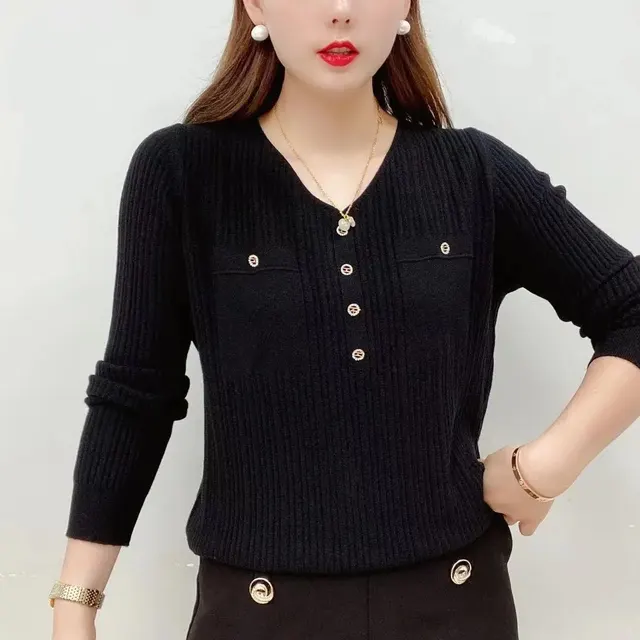 Long Sleeve Sweater V neck Pullover Loose Thin Black - Shop at LoveMi