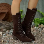 Mid-calf Fashion Suede Lace-up Pointed Chunky Heel Women's Boots - Brown