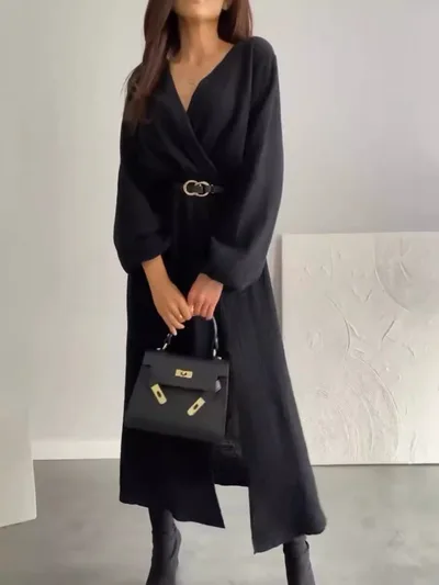 Fashion Long Sleeve Solid Color Waist Tight Dress Black - Shop at LoveMi