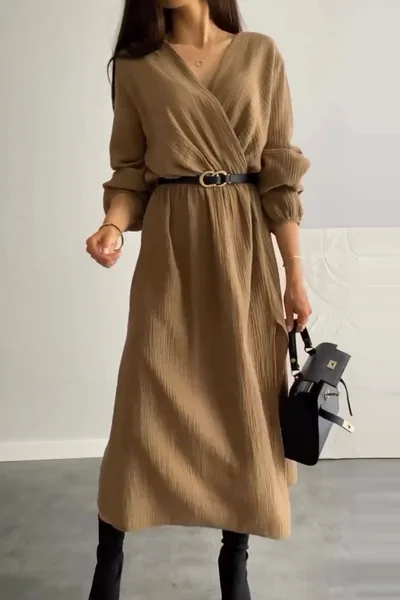 Fashion Long Sleeve Solid Color Waist Tight Dress Khaki - Shop at LoveMi