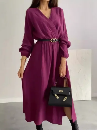 Fashion Long Sleeve Solid Color Waist Tight Dress Purple - Shop at LoveMi