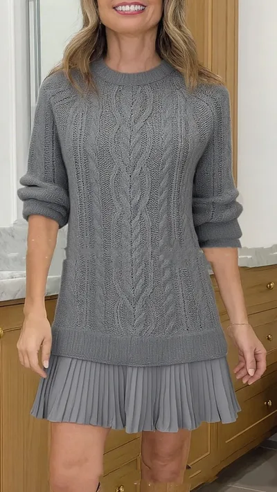 25 Autumn Europe And America Cross Border Independent Station Solid Color Knitted Long Sleeve Pullover Stitching Pleated Dress Dark Gray - Shop at LoveMi