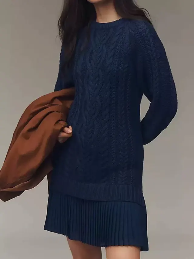 25 Autumn Europe And America Cross Border Independent Station Solid Color Knitted Long Sleeve Pullover Stitching Pleated Dress Navy Blue - Shop at LoveMi
