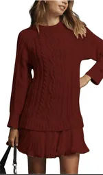 25 Autumn Europe And America Cross Border Independent Station Solid Color Knitted Long Sleeve Pullover Stitching Pleated Dress - Wine