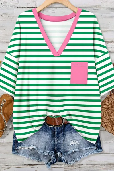 Artistic Relaxed fit Casual Slimming V neckline Pocket 34 Sleeve Top Light Green - Shop at LoveMi