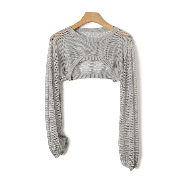 Ice Silk Lyocell Round Neck Knitted Lantern Sleeve Hollow out Short Blouse Sun Protection Shirt Women Gray - Shop at LoveMi