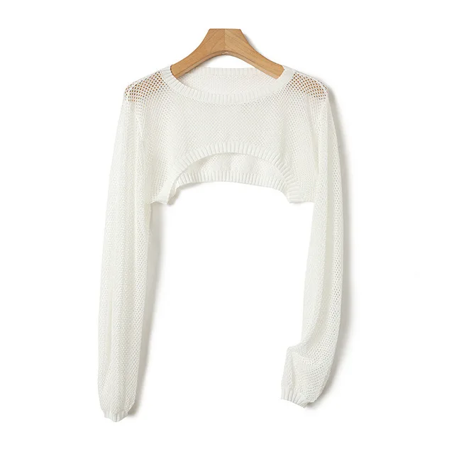 Ice Silk Lyocell Round Neck Knitted Lantern Sleeve Hollow out Short Blouse Sun Protection Shirt Women White - Shop at LoveMi