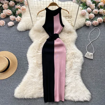 Slim Fit Slimming Long Round Neck Sleeveless Dress Color Matching Skinny Sheath Knitted Dress Pink - Shop at LoveMi