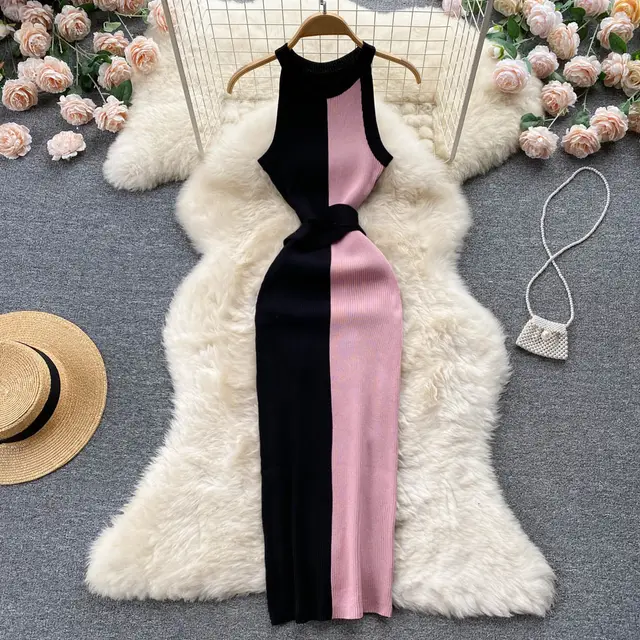 Slim Fit Slimming Long Round Neck Sleeveless Dress Color Matching Skinny Sheath Knitted Dress Pink - Shop at LoveMi