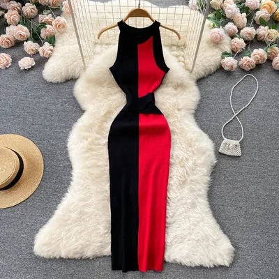 Slim Fit Slimming Long Round Neck Sleeveless Dress Color Matching Skinny Sheath Knitted Dress Red - Shop at LoveMi