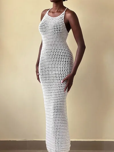 Knitted Cutout Blouse Long Dress Beach Vacation Spring And Summer White - Shop at LoveMi