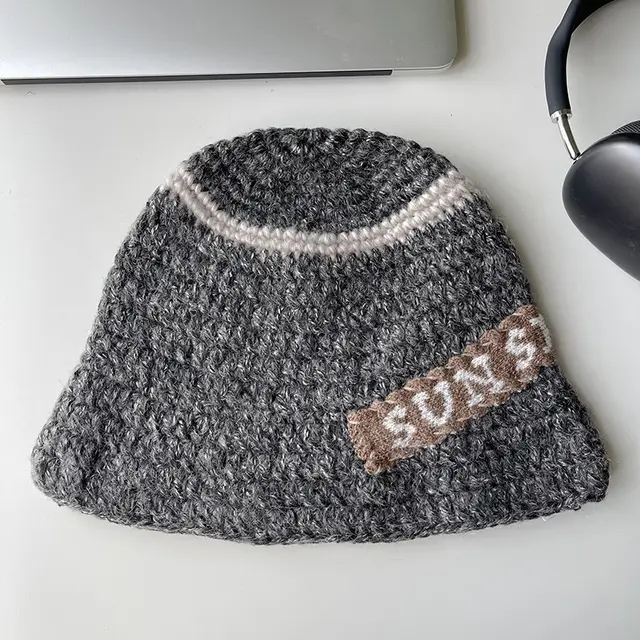 Handmade Letter Patch Design Warm Wool Hat Gray - Shop at LoveMi