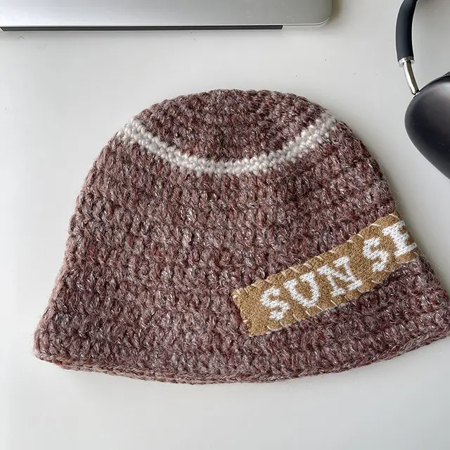 Handmade Letter Patch Design Warm Wool Hat Red Brown - Shop at LoveMi