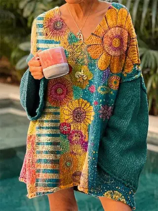 Elegant Digital Printing Casual Loose Women's Sweater Dress - Nwy09324102304